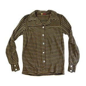 Vintage 70s Button Up Shirt Womens Small Black Gold Metallic Stripe Disco Top